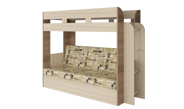 Кровать детская двухъярусная Карамель 75 ясень шимо темный/светлый, диван - велюр Газета (сборка на любую сторону) спальное место верх 80х190, низ 120х185