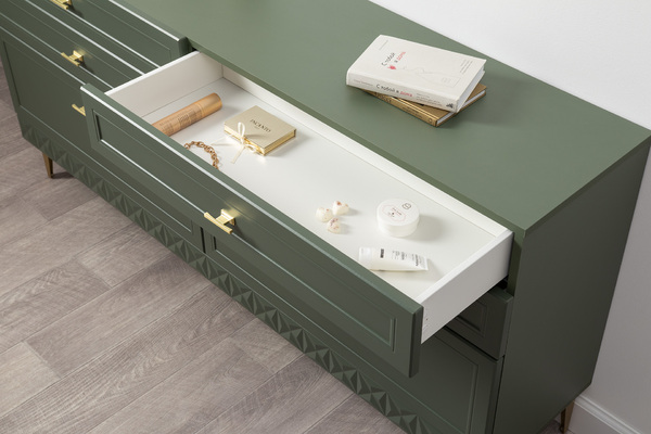 Комод Марион 16.256 дымчатый зеленый K521, олива шагрень AG 1050 ПВХ, белый PE шагрень