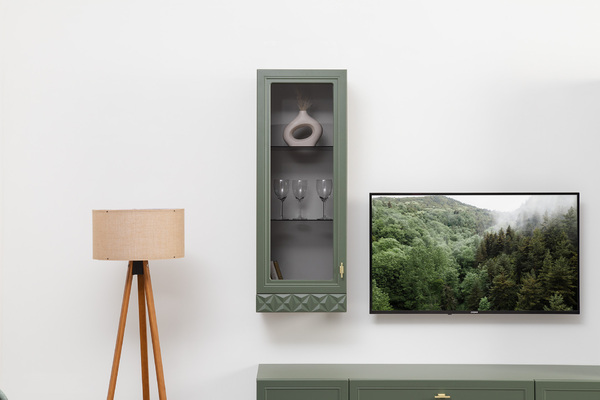 Гостиная Марион композиция 2 дымчатый зеленый K521, олива шагрень AG 1050 ПВХ, белый PE шагрень (собирается на любую сторону)