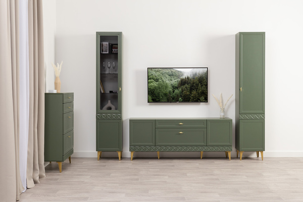 Гостиная Марион композиция 2 дымчатый зеленый K521, олива шагрень AG 1050 ПВХ, белый PE шагрень (собирается на любую сторону)