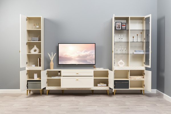 Гостиная Марион композиция 2 слоновая кость С341 PE, слоновая кость 6898 ПВХ, белый PE шагрень (собирается на любую сторону)