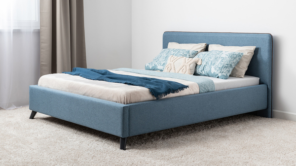 Кровать Миа 160 рогожка светло-синий, кант желтовато-коричневый с ортопедическим основанием и подъемным механизмом