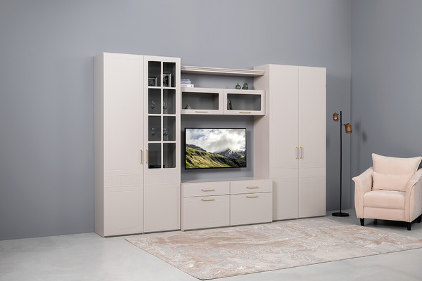 Гостиная Ричфорд композиция 1 без карнизов, кашемир 5981 BS, моно керамика D166-2 ПВХ, белый PE шагрень (собирается на любую сторону)