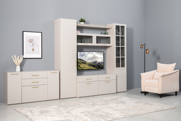 Тумба под ТВ Ричфорд 16.61 кашемир 5981 BS, моно керамика D166-2 ПВХ, белый PE шагрень