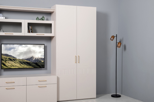 Гостиная Ричфорд композиция 1 без карнизов, кашемир 5981 BS, моно керамика D166-2 ПВХ, белый PE шагрень (собирается на любую сторону)