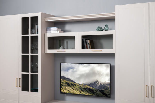 Гостиная Ричфорд композиция 1 без карнизов, кашемир 5981 BS, моно керамика D166-2 ПВХ, белый PE шагрень (собирается на любую сторону)